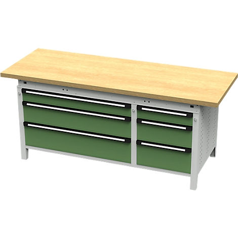 Werkbank met houten blad, groene lades en metalen frame. Strakke lijnen, modern design.