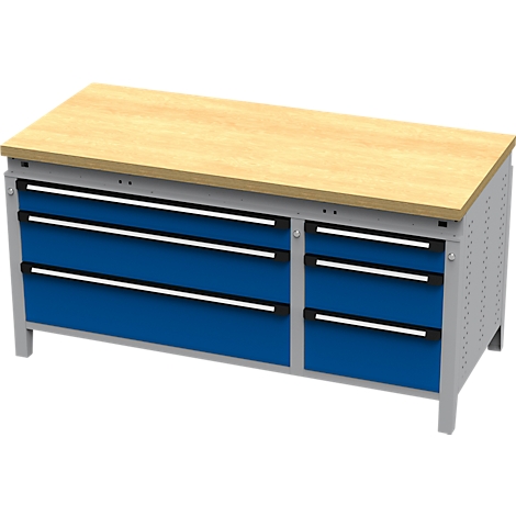 Houten werkbank met blauwe laden. Het werkblad is licht, daaronder blauwe laden met zilveren handgrepen.