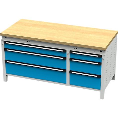 Werkbank met houten blad, blauwe lades en zilveren frame.