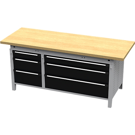 Werkbank met houten blad, zwarte laden en grijs metalen frame.