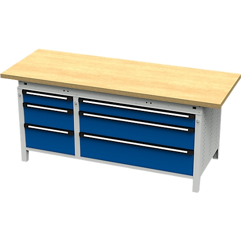 Werkbank met houten blad en blauwe lades. De lades hebben zilveren handgrepen.