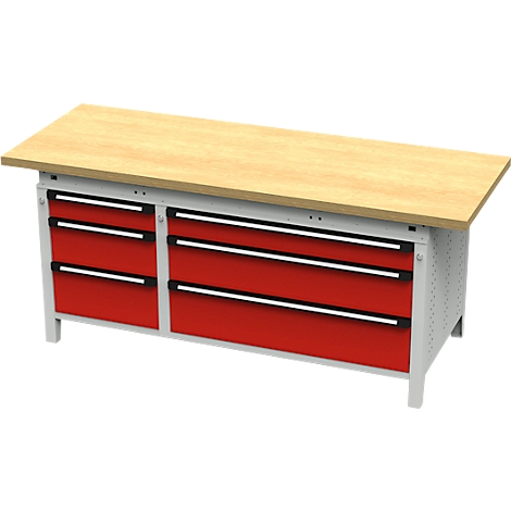 Werkbank met rode lades, licht houten blad, grijs frame.
