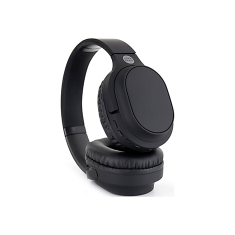 Schwarzer Kopfhörer, Detailansicht. Der Kopfhörer ist auf weißem Hintergrund abgebildet.