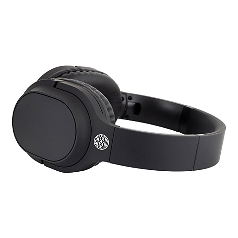 Schwarzer Kopfhörer, Detailansicht. Der Ohrmuschel ist rund und das Kopfband verläuft in einem Bogen.