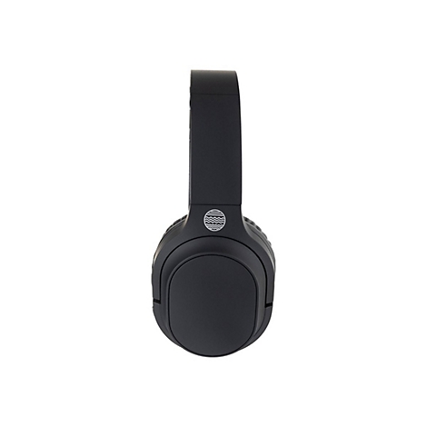 Schwarzer Kopfhörer, frontal, auf weißem Hintergrund. Oberhalb der Ohrmuschel ein Symbol.