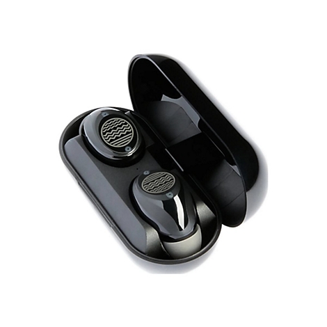 Schwarze Ohrhörer in Ladeschale, offen. Auf jedem Ohrhörer ein Wellenmuster-Design.