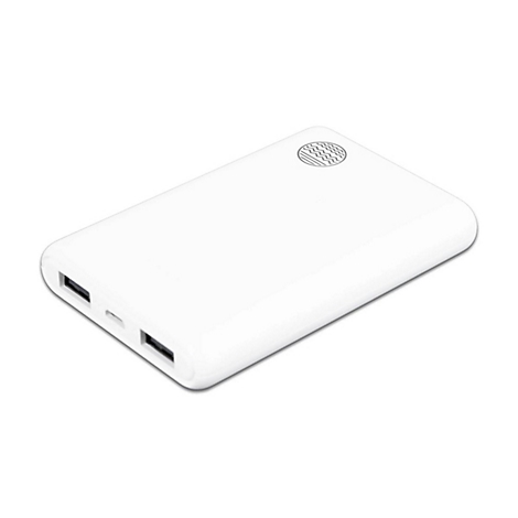 Weisse Powerbank mit zwei USB-Anschlüssen und einem Logo. Abgerundete Kanten.