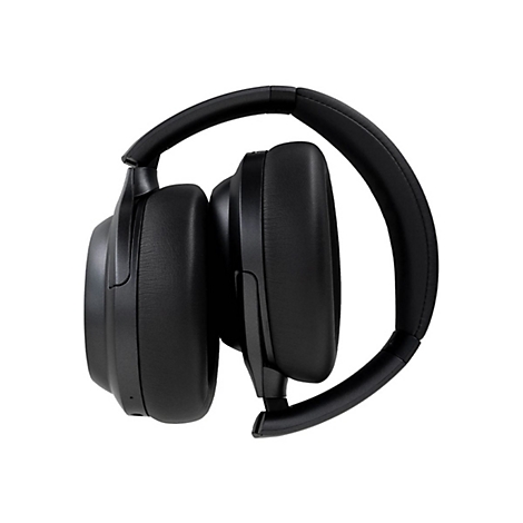 Schwarzer Over-Ear-Kopfhörer, zusammengeklappt, vor weißem Hintergrund. Ohrmuscheln und Kopfbügel sind sichtbar.