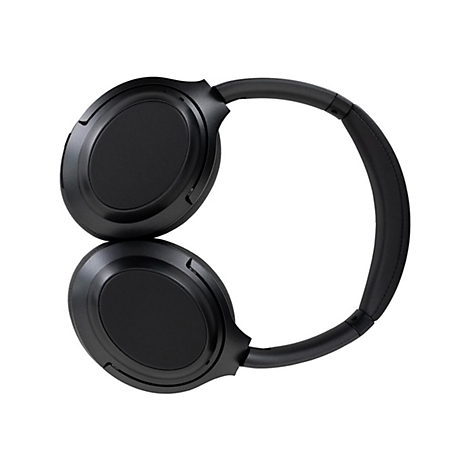 Schwarze Kopfhörer auf weißem Hintergrund. Die Ohrmuscheln sind rund, das Kopfband gebogen.