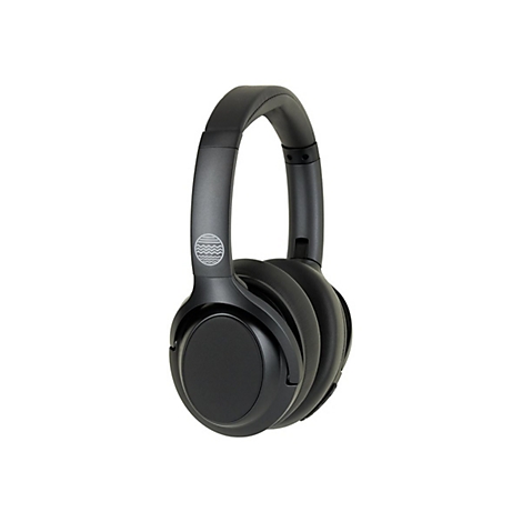 Schwarzer Over-Ear-Kopfhörer vor weißem Hintergrund. Auf der Ohrmuschel ein Logo aus Wellen.