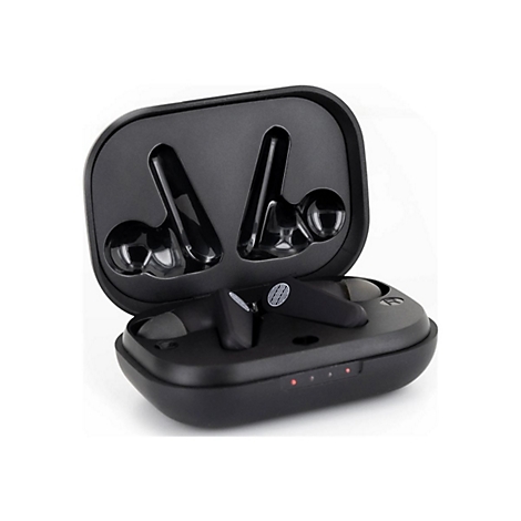 Schwarze kabellose Ohrhörer in geöffneter Ladeschale. Drei rote LED-Leuchten auf der Unterseite zeigen den Ladezustand an.