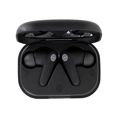 Schwarze kabellose Ohrhörer in einer offenen Ladebox. Beide Ohrhörer sind mit einem weißen Wellenmuster verziert.