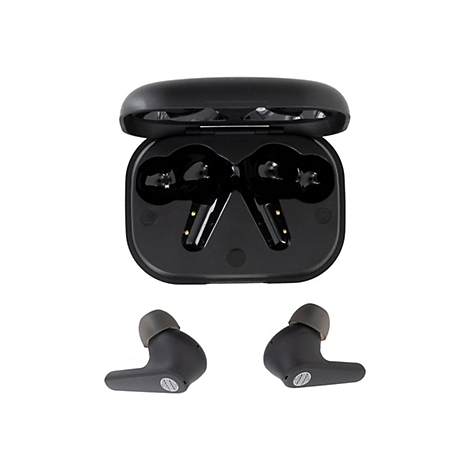 Schwarze kabellose Ohrhörer mit Ladecase, Ohrhörer einzeln. Case geöffnet, Ohrhörer in Halterung.