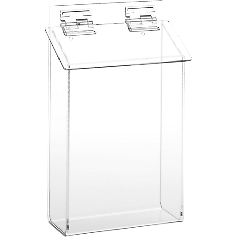 Transparent wall brochure holder with a lid and two hinges.