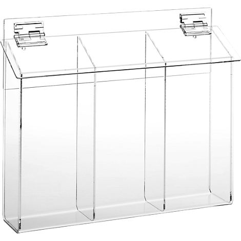 Transparent acrylic flyer holder with three compartments. Hinged at the top.