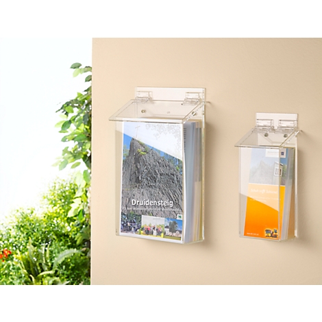 Transparent brochure holders on a beige wall. The left holder contains brochures, the right one orange sheets. Green foliage on the left.