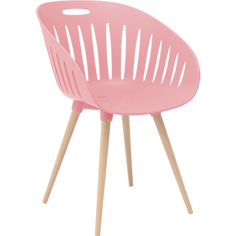 Pink plastic chair with wooden legs. Backrest with slits and handle hole.