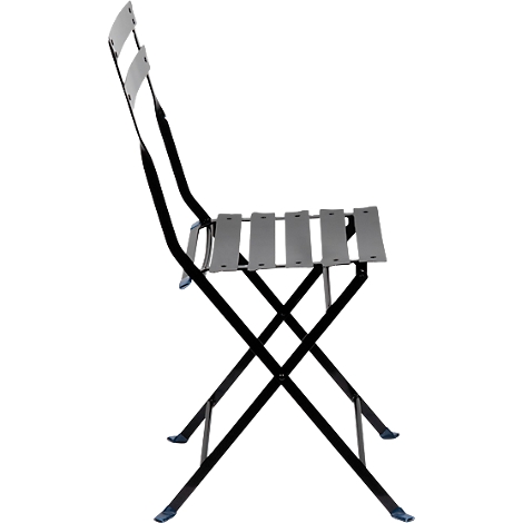 Side view of a grey folding chair with black frame.