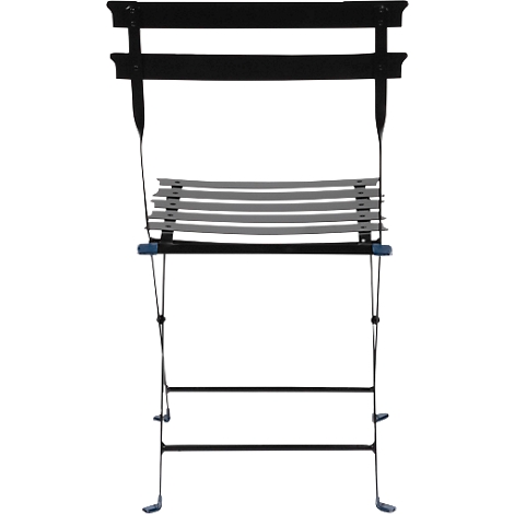Black folding chair with grey struts. Details: Blue accents, chair legs. Front view.
