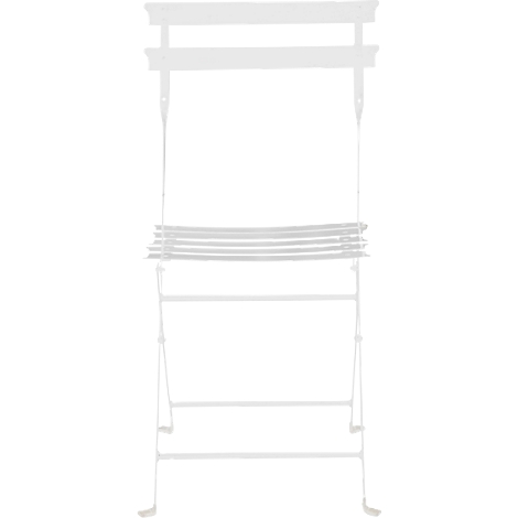 White folding chair, metal frame, slatted seat and backrest.