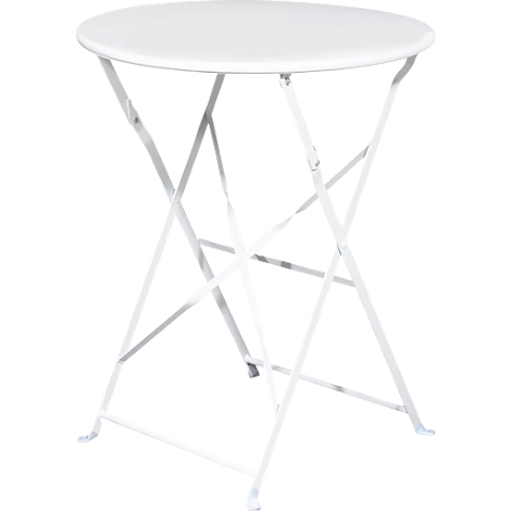 Witte, ronde klaptafel met metalen frame.