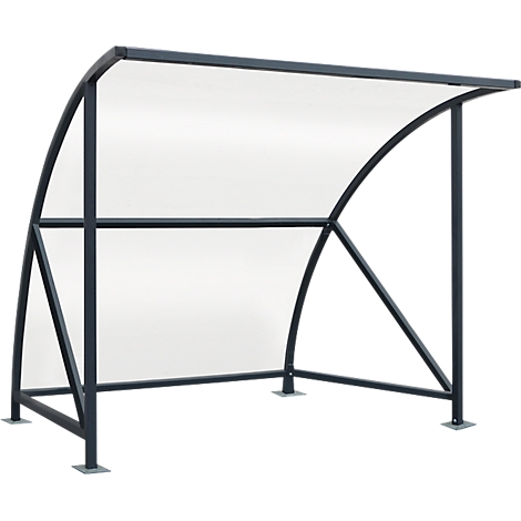 Dark gray waiting shelter with curved steel struts and transparent roof sheeting.