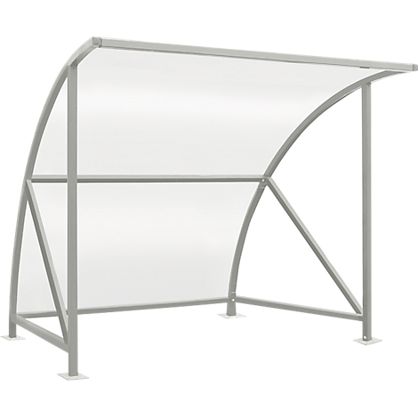Gray shelter with a transparent roof. Rounded struts, screwed to a rectangular base.
