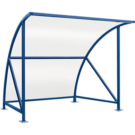 Blue dugout structure with transparent cover. Steel construction in blue, rectangular shape, slightly curved.