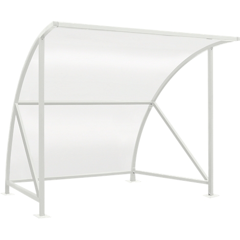 A white shelter with curved supports and a transparent roof surface.
