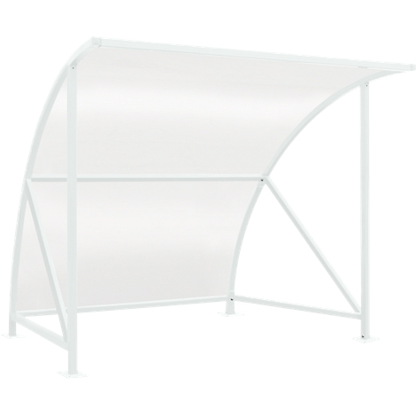 A white shelter made of metal and transparent plastic. The design is minimalist and functional.
