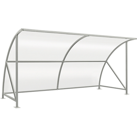 Grey bus shelter with transparent roof, open construction.