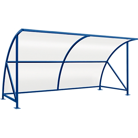 Blue shelter with transparent roof and side walls.