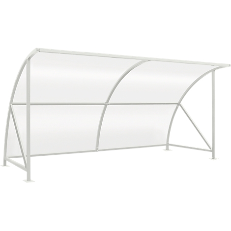 White waiting shelter with transparent roof and metal frame. It offers protection from wind and weather.