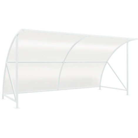 White shelter with curved roof and metal frame, ideal for outdoor use.