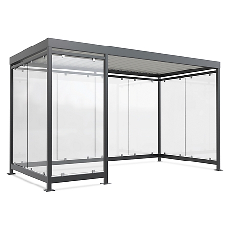 Grey, modern shelter with transparent glass walls. The shelter has a roof and offers protection from wind and weather.