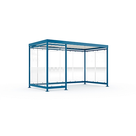 Blue bus shelter with glass walls and roof against a white background.
