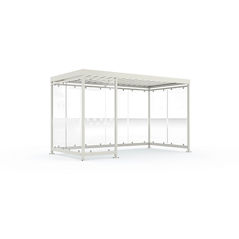 A white shelter with glass walls. The glass walls are partially patterned with a geometric design.