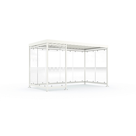 White waiting area with glass walls and roof. Glass with small, dotted patterns.