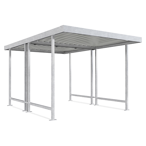 Metal structure with roof. Gray, open canopy, straight lines, four posts. The background is white.