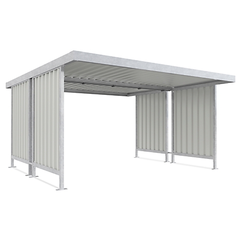A gray shelter with corrugated side walls and roof, on a white background.