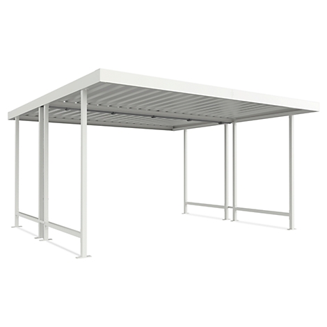 White shelter with roof, metal struts and roof, on a white background.