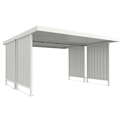 White shelter with corrugated sides and roof, on a white background.