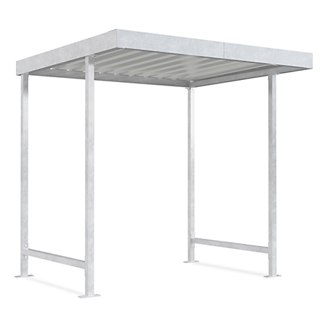 Grey metal shelter with rectangular roof and four vertical supports.