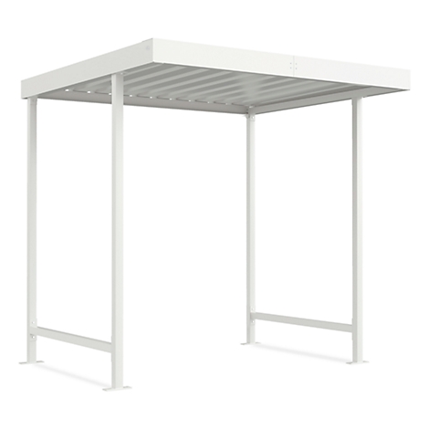 White shelter with a rectangular roof and four legs. The roof is slightly corrugated.