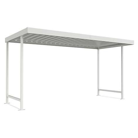 White carport with a rectangular roof and vertical struts, isolated against a white background.