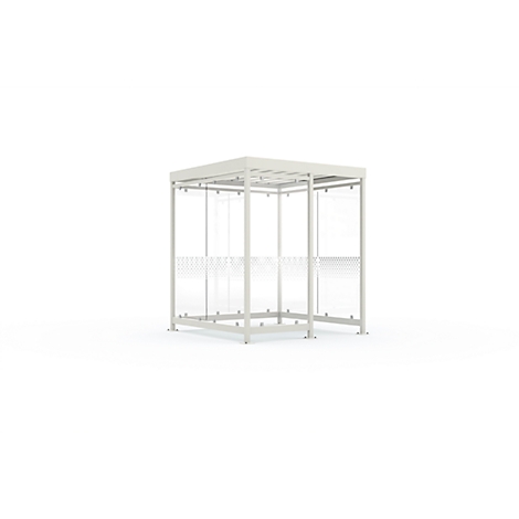 White, square waiting area with glass walls, metal frame and roof. A pattern halfway up the walls.