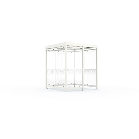 White waiting area with transparent side walls and roof. Lattice pattern in the middle of the walls.