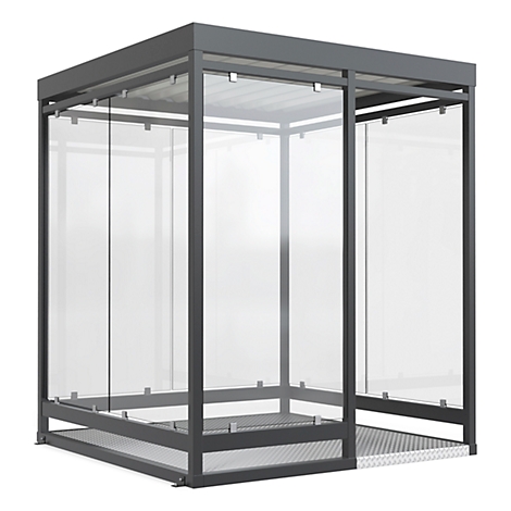 A modern, gray shelter made of glass and metal. It has a roof and an open structure, reminiscent of a waiting area.