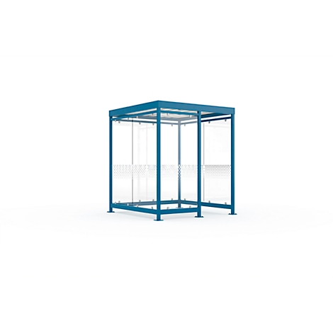 Blue bus shelter with glass walls against a white background.