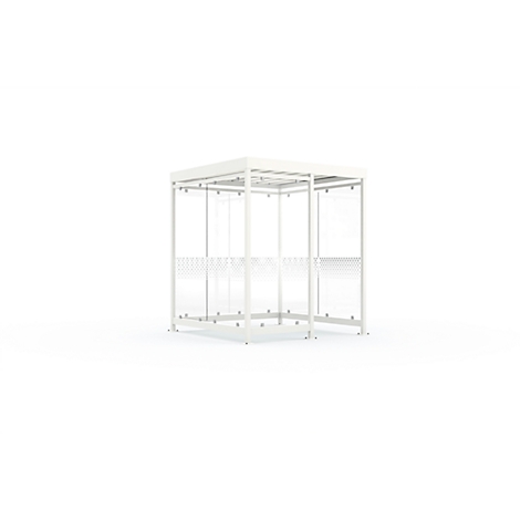 White waiting area with glass walls and roof, a minimalist design. The lower part of the panes has a pattern.